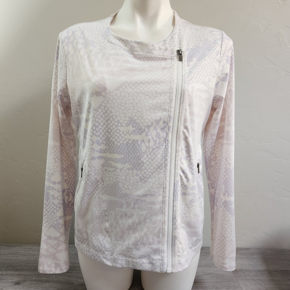 LUCY White Violet‎ Jacket M Asymmetrical Moto Style Activewear  Leopard Print - Picture 1 of 14